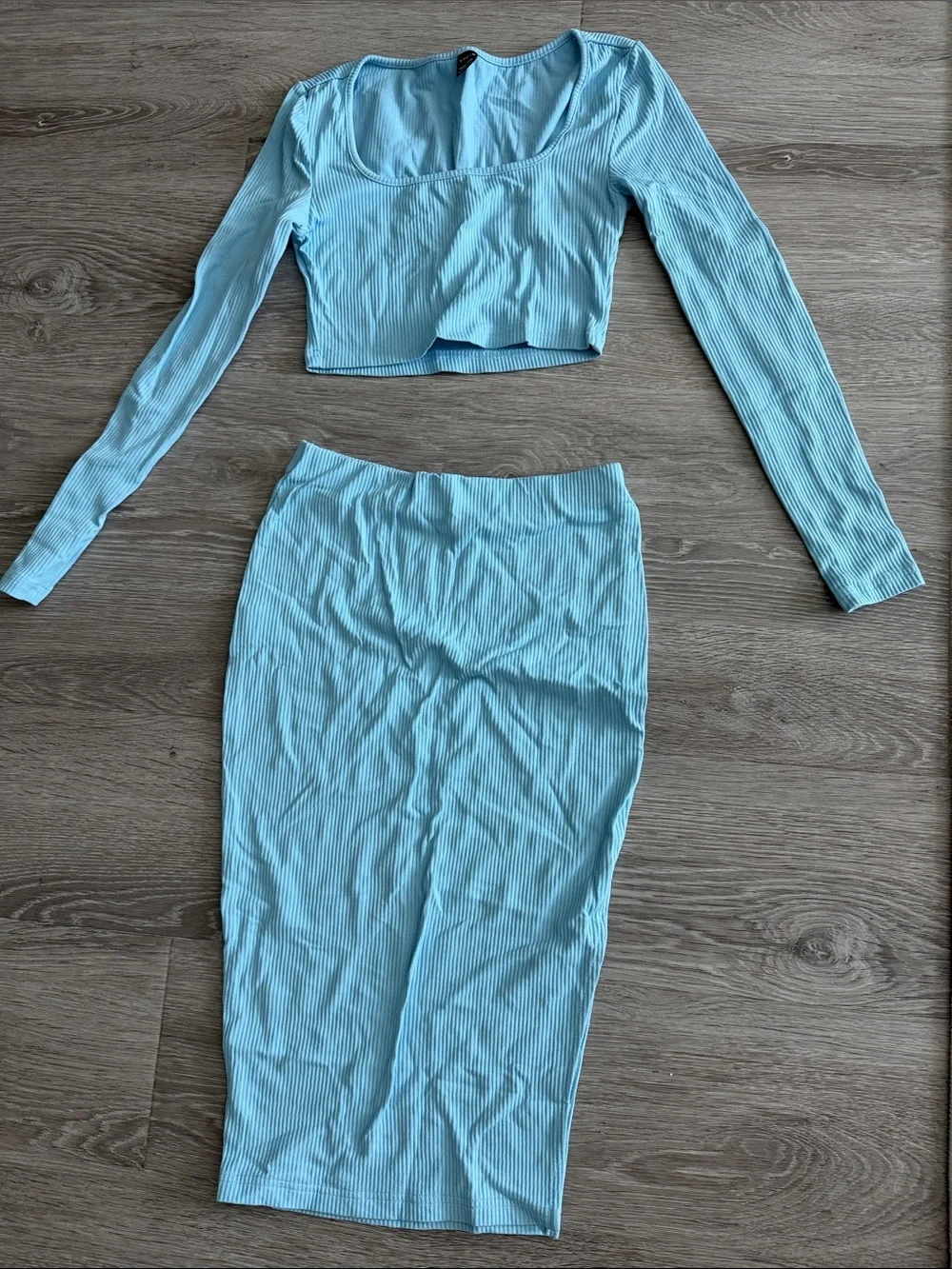SHEIN Light Blue Ribbed Midi Skirt Set